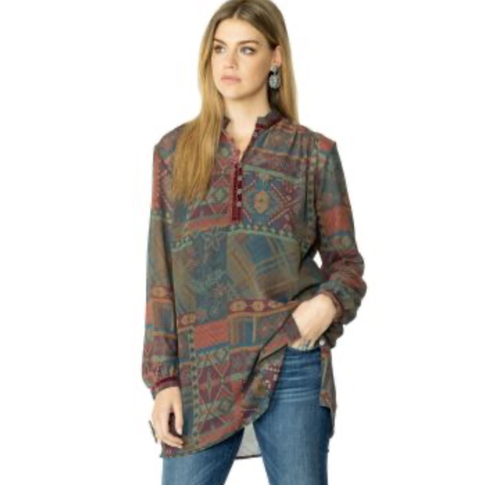 Double d ranch Great Camps Tunic tee custom DDR print velvet trim RTL $225 L NWT